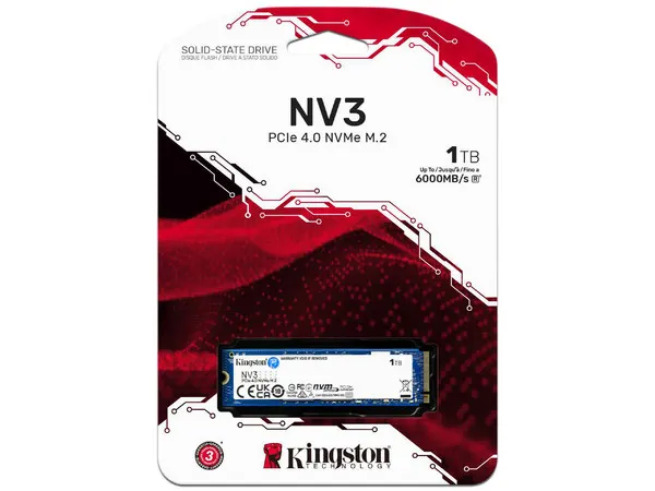 DISCO SOLIDO NVME KINGSTON NV3 1TB SSD M.2 2280 PCIE 4.0 X4 NVME, VELOCIDAD LECTURA HASTA 6000 MB/S, ESCRITURA HASTA 4000 MB/S, 3D (SNV3S/1000G)
