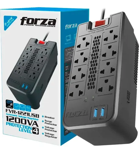 ESTABILIZADOR DE VOLTAJE - FORZA - 1200VA FVR-1222USB - ESTABILIZADOR 1200VA (600W), 220V, 8 TOMAS, 2 PUERTOS USB DE CARGA