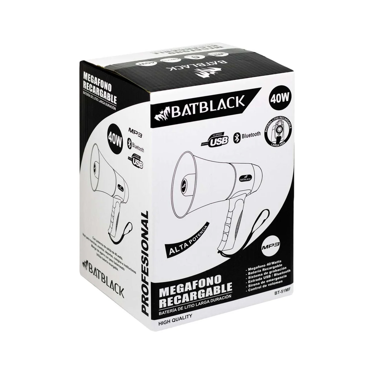 MEGAFONO - BATBLACK - BT-MF40 - MEGAFONO RECARGABLE 40W, BLUETOOTH, USB, SD, CON FUNCION DE GRABACION
